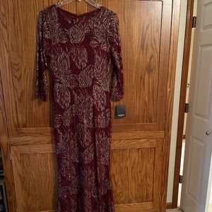 Maroon and gold lace Marina gown- holiday event dress